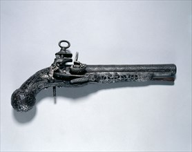Snaphance Pistol, 17th century. Spain, Ripoll, 17th century. Steel, ebony with silver inlay;