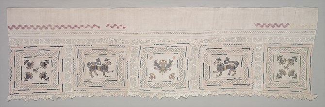Runner, c 1800s. Russia, 19th century. Embroidered linen, ribbon applique; overall: 54.6 x 188 cm