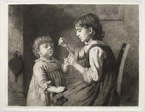 The First Needlework, 1884. Seymour Joseph Guy (American, 1824-1910). Etching
