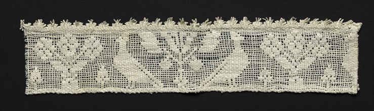 Fragment of a Band with Birds and Trees, 16th century. Italy, Sicily, 16th century. Needle lace,