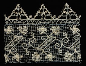 Fragment of a Border with Vines and Floral Motifs, 1600s. Italy, 17th century. Needle lace,