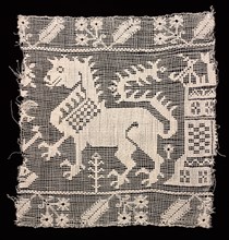 Fragment of a Band with Dragon, Castle, and Vegetation, 1500s. Italy, 16th century. Needle lace,