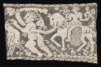 Fragment of a Band with Male Figure Leading Mounted Female Figure with Falcon, 16th-17th century.