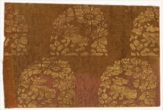 Textile Fragment, 1800s. Japan, 19th century. Silk damask weave and gold stencil; average: 8.3 x 12