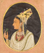 Oval portrait of a woman in a Chaghtai hat, c. 1740-50. India, Mughal, 18th century. Opaque
