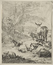 Animals in Repose. Nicolaes Berchem (Dutch, 1620-1683). Etching