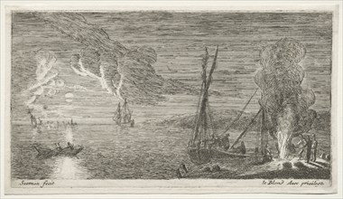 A Bonfire and Moonlight. Reinier Nooms (Dutch, c. 1623-1667). Etching