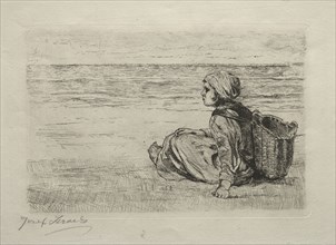 Girl with basket seated on the shore. Jozef Israëls (Dutch, 1824-1911). Etching