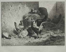 Cock and Hens. Charles-Émile Jacque (French, 1813-1894). Etching