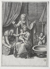 The Virgin and  the Cradle with Saint Elisabeth and Saint Anne, 1520. Marcantonio Raimondi