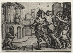 Virgil hanging in a Basket, c.1541-42. Georg Pencz (German, c. 1500-1550). Engraving