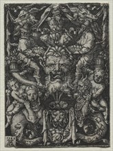 Ornament Design with a Mask, A Couple of Tritons, and Two Children Below, 1549. Heinrich Aldegrever