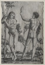 Two Nude Men Beside a Tree. Marcantonio Raimondi (Italian, 1470/82-1527/34). Engraving