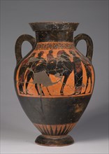 Amphora, 500s BC. Greece, 6th Century  BC. Black-figure terracotta; overall: 40.6 cm (16 in.).