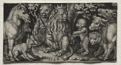 Fighting Chimeras and Scenes to Aesop's Fables: The King of Beasts, 1594. Nicolaes de Bruyn