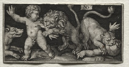 Fighting Chimeras and Scenes to Aesop's Fables: Lions Attacking Children, 1594. Nicolaes de Bruyn