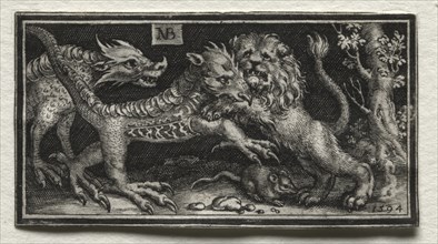 Fighting Chimeras and Scenes to Aesop's Fables: Lion Fighting two Beasts, 1594. Nicolaes de Bruyn
