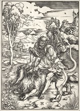 Samson and the Lion, c. 1497 - 1498. Albrecht Dürer (German, 1471-1528). Woodcut
