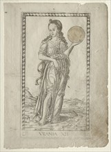 Urania (astronomy) (from the Tarocchi series D:  Apollo and the Muses, #12), before 1467. Master of