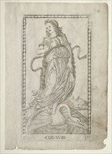 Clio (history) (from the Tarocchi series D:  Apollo and the Muses, #19), before 1467. Master of the