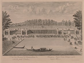 Chateau Fontainebleau from the Grand Canal. Jacques Rigaud (French, 1681-1754). Engraving