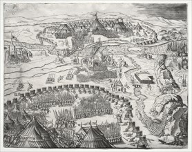 The Position and Camp of the Armies of Charles V and Soliman II, 1532. Agostino Musi (Italian,