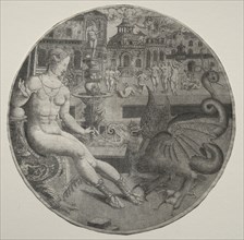 Naked Woman and a Dragon, 1523. Allaert Claesz (Netherlandish, fl. 1508-1534). Engraving; sheet: 23