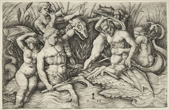 Two Tritons fighting - Battle of the Sea Gods (right portion). Daniel I Hopfer (German, c.