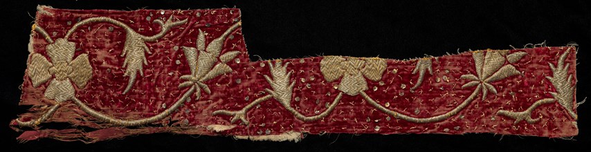 Fragment, 1800s. India, Jaipur, 19th century. Embroidery; silk and gold filé on silk velvet ground;