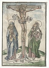 Christ on the Cross, 1400s. Germany, 15th century. Woodcut with watercolor added by hand
