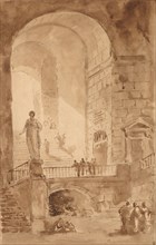 Vaulted Staircase, c. 1770-1779. Hubert Robert (French, 1733-1808). Pen and brown ink and brush and