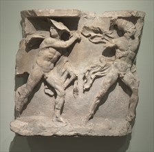 Relief of Hermes and Ares, 200s BC. Greece, 3rd Century BC. Limestone; overall: 32.7 cm (12 7/8 in