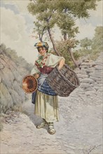 Peasant Girl on a Stony Road, 1800s. R. Gigli (Italian). Watercolor over traces of black chalk(?);