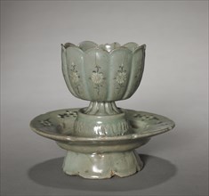 Floral-shaped Cup and Saucer with Inlaid Chrysanthemum Design, 1100s. Korea, Goryeo period