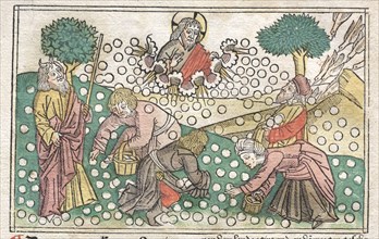 Nüremberg Bible:  Manna Falling from Heaven, 1400s. Germany, 15th century. Woodcut