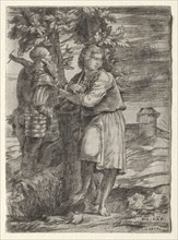 Shepherd and Old Warrior, 1517. Domenico Campagnola (Italian, 1500-1564). Engraving