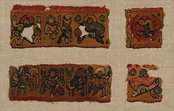 Four Fragments of the Gammadion Border of a Tunic, 400s - 600s. Egypt, Byzantine period, 5th - 7th