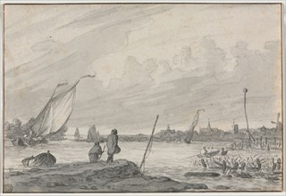 View of Alkmaar with Boats, 1600s. Netherlands, 17th century. Point of brush and gray ink and brush