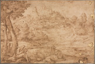 Saint Jerome in a Landscape, c. 1530. Domenico Campagnola (Italian, 1500-1564). Pen and brown ink;