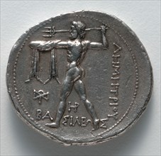 Tetradrachm: Poseidon hurling a trident (reverse), c. 300-295 BC. Greece, reign of Demetrius