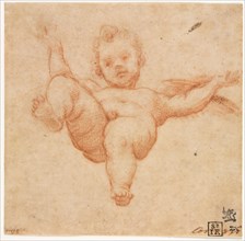 Flying Cupid, c. 1602. Follower of Annibale Carracci (Italian, c. 1560-1609). Red chalk; sheet: 14