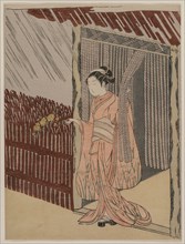 A Girl Dressing in Pink, 1766. Suzuki Harunobu (Japanese, 1724-1770). Color woodblock print; sheet: