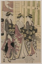 The Courtesan Kisagata of Ohishiya Strolling at Night with Two Shinzo and a Kamuro, c. 1790.