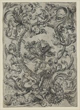 Ornamental Foliage, with an Owl and other Birds, 1400s. Germany, 15th century. Engraving