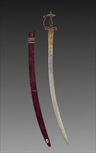 Tulwar sword, 1700s. India, probably Deccan, 18th century. Iron hilt with gold; steel blade with