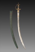Silapa Sword with Green Leather Case., 1700s-1800s. India, 18th-19th Century. Gold with inlay and