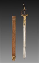 Sword with scabbard, 1700s-1800s. India, perhaps Deccan, 18th-19th century AD. Watered steel blade