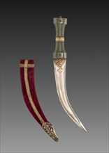 Khanjar dagger, c. 1600s. India, 17th century. Jade hilt with iron and gold; steel blade with iron