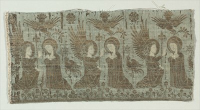 Textile Fragment with the Annunciation, 1370-1400. Italy. Silk with gold thread; lampas weave;