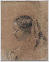 Head of a Woman in Profile with a Scarf. Giovanni Battista Piazzetta (Italian, 1682-1754). Black